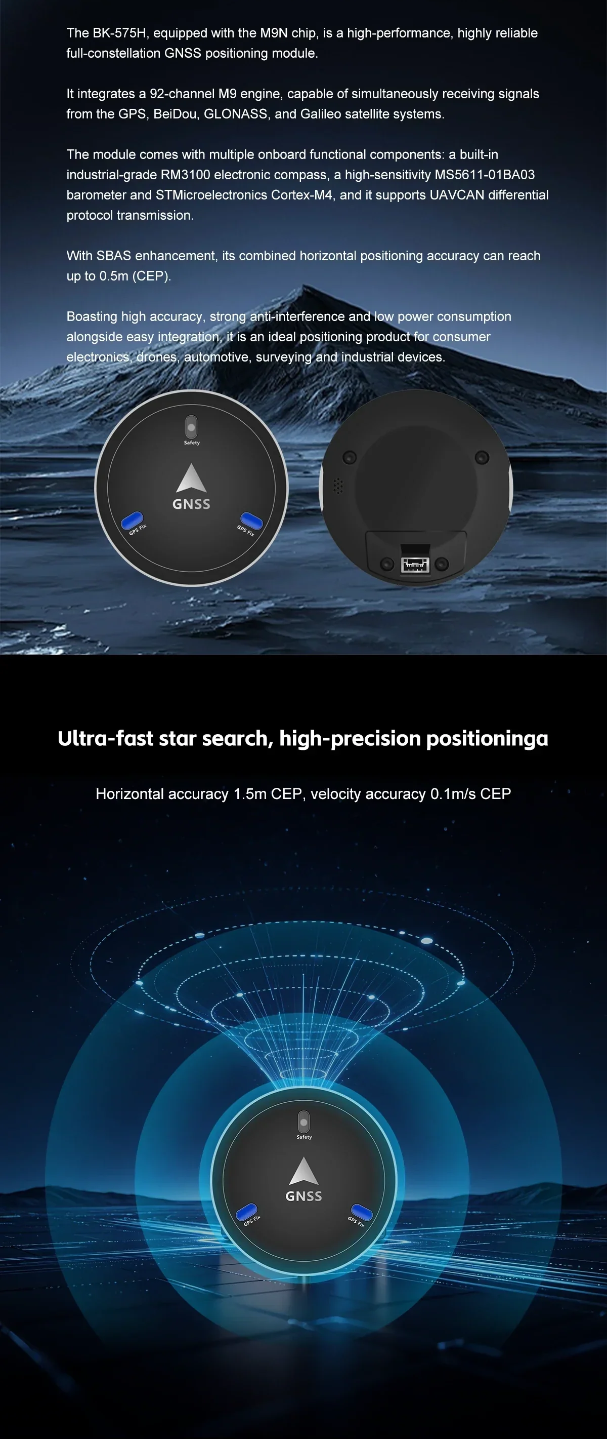Beitian BK series round GNSS receiver front and rear view with accuracy and star-search highlights