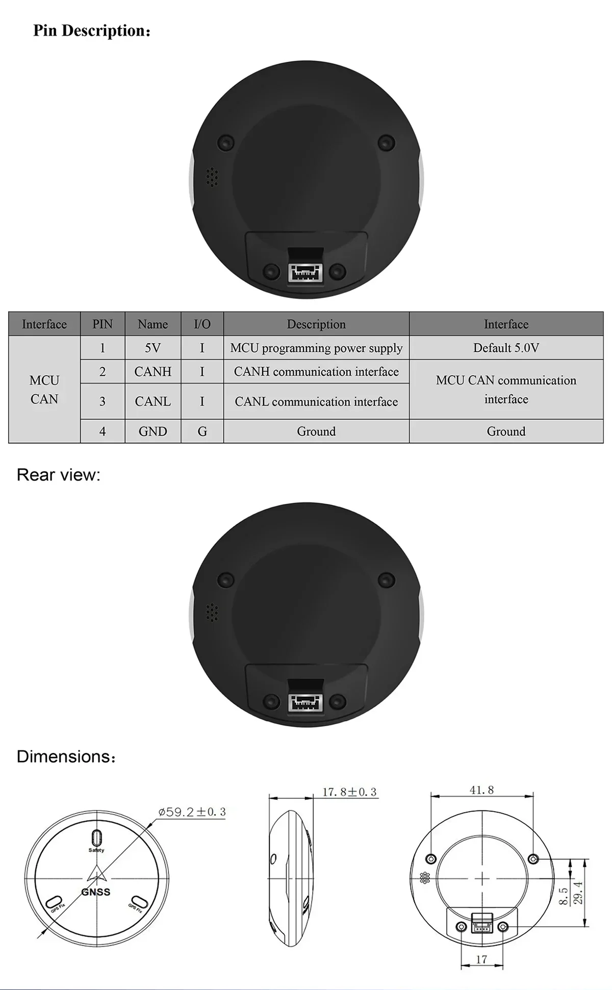 Rear view connector pin description for MCU/CAN interface and mechanical dimension drawings