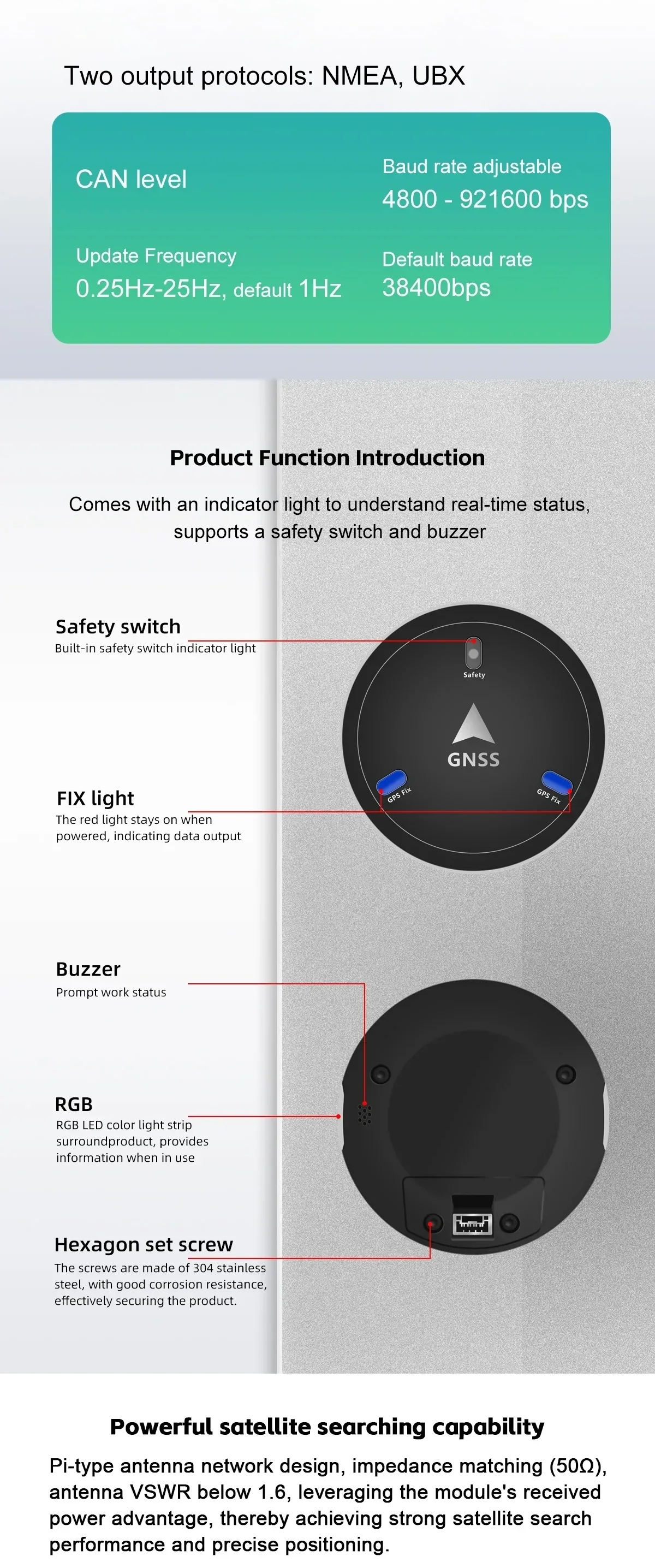 NMEA and UBX output protocols with labeled functions: safety switch, FIX light, buzzer, RGB light and hex screws