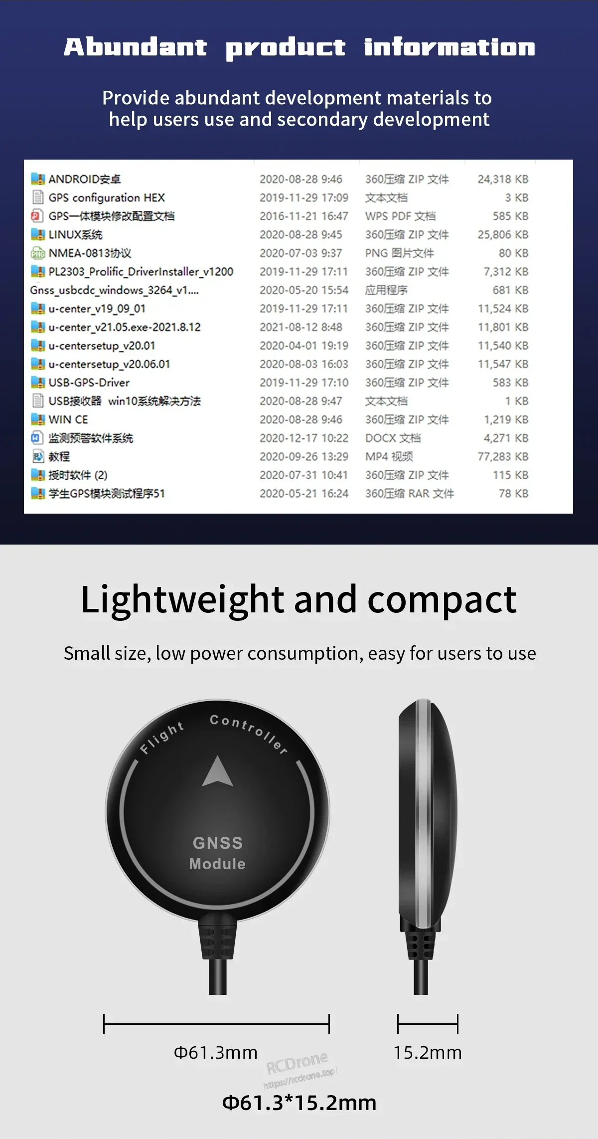 Development resources list and compact size view showing 61.3 mm diameter and 15.2 mm thickness