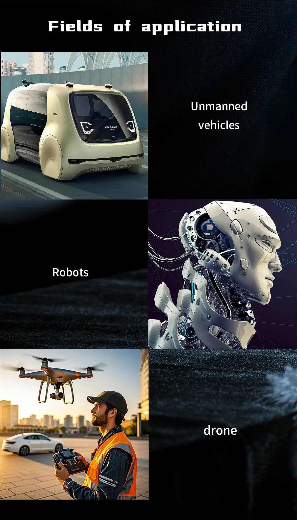 Fields of application graphic for GNSS module: unmanned vehicles, robots, and drones