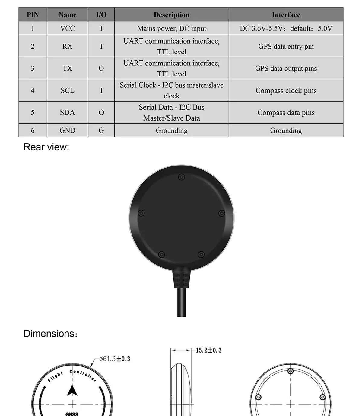 6-pin connector pinout table plus rear view and dimension drawing for the GNSS puck module