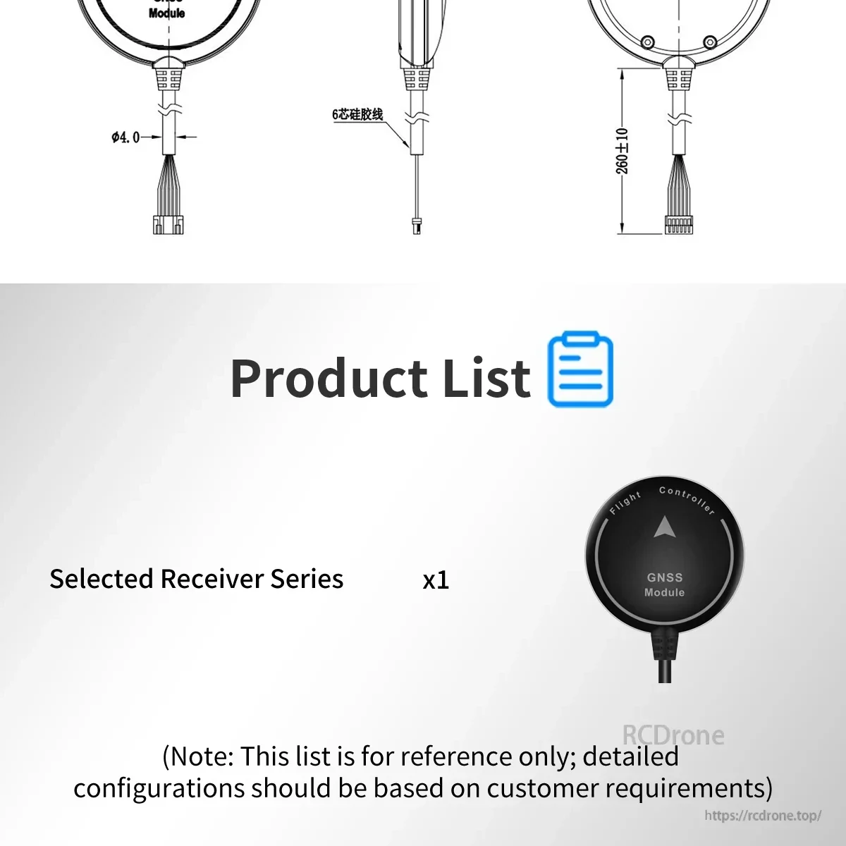 Dimension drawings for cable/connector plus package contents list (selected receiver series x1)