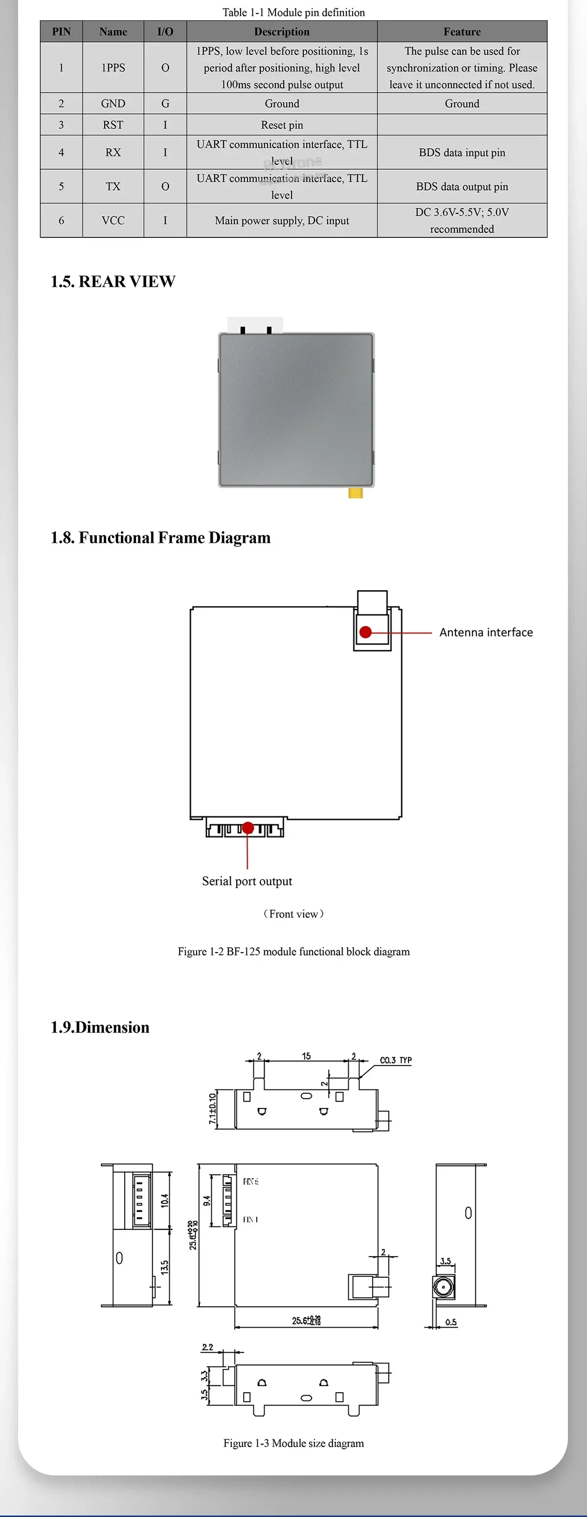 BE-125 module rear view, functional block diagram, and dimension drawing for mounting reference