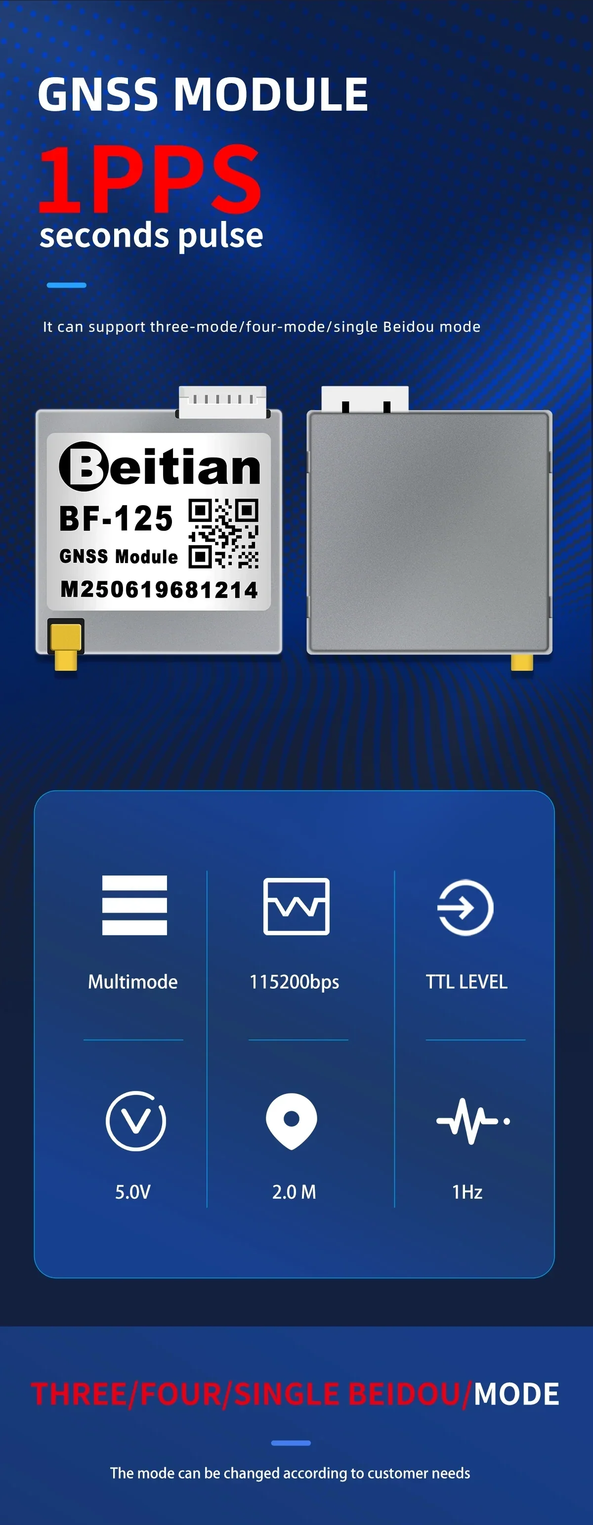 Beitian BE-125/BK-125 GNSS timing module with 1PPS output, TTL level, and multimode support