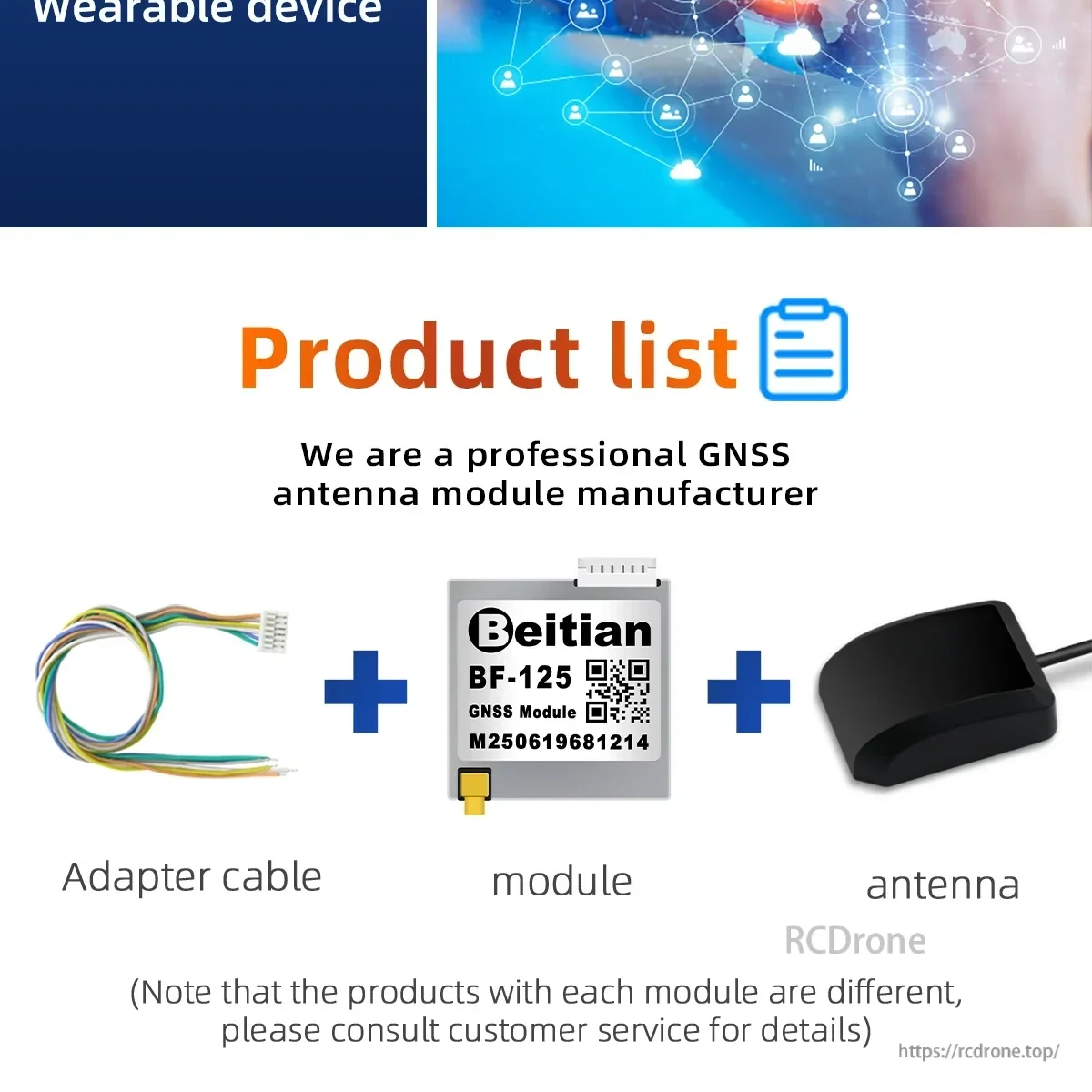 Product list showing adapter cable, Beitian BF-125 module, and external antenna kit contents