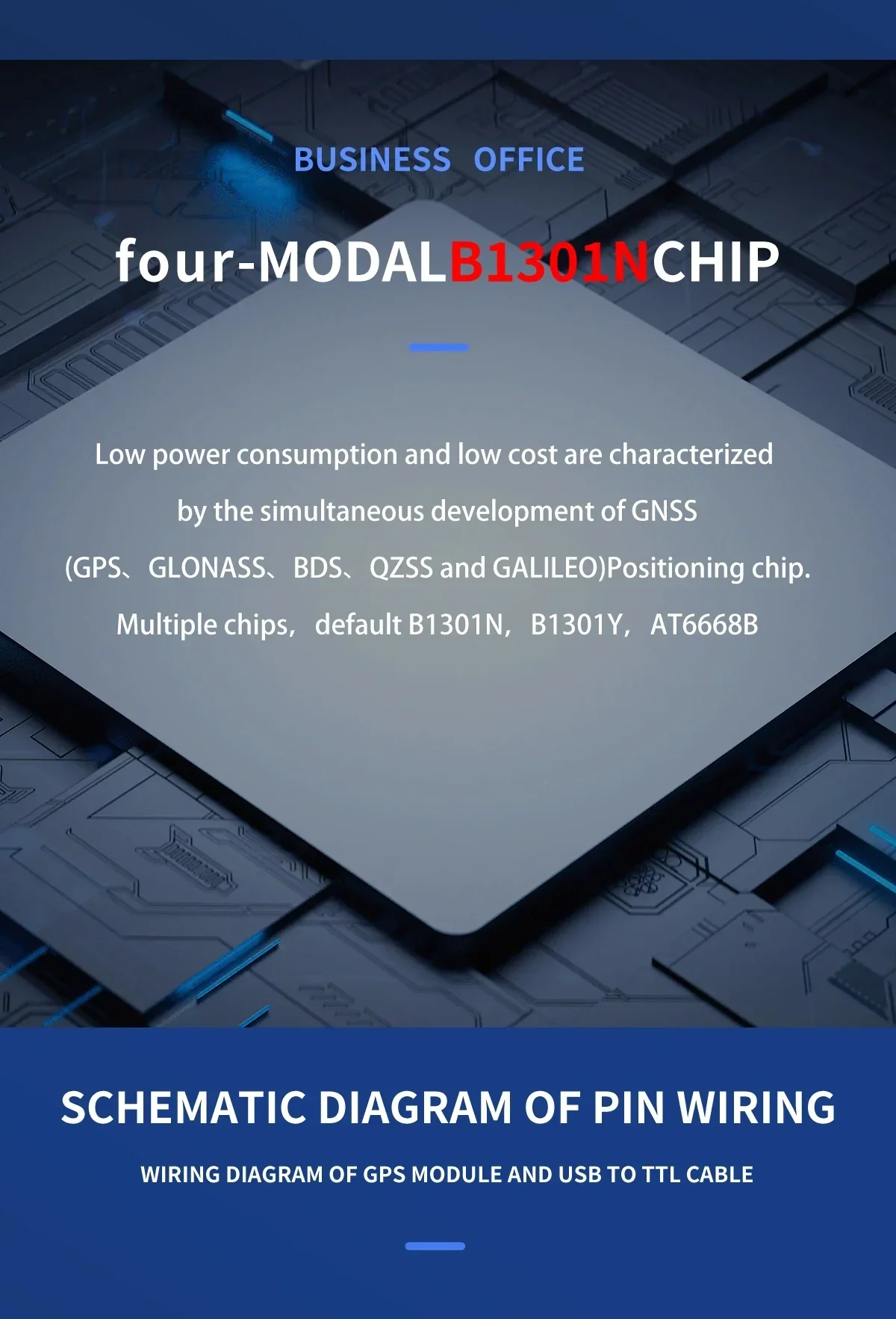 BE-125 GNSS timing module parameter sheet with chip details, pin definition, rear view, and size diagram