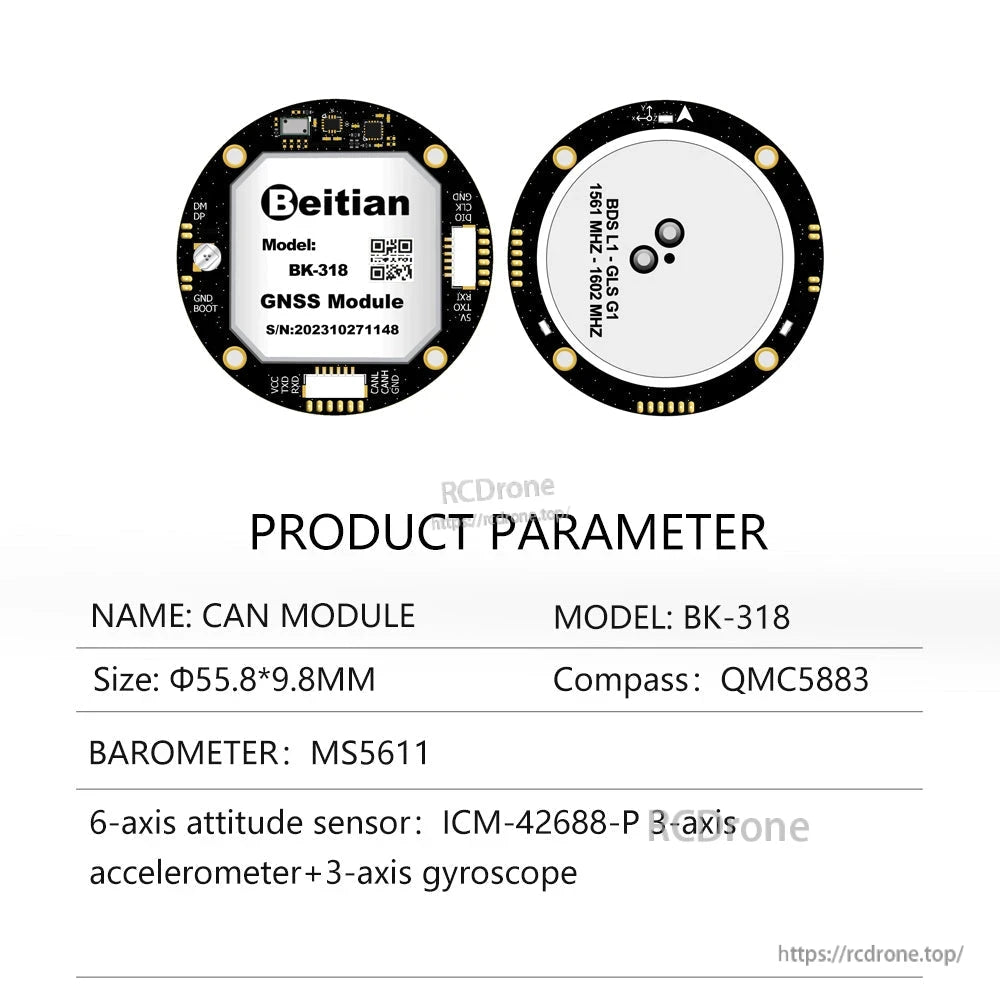 BK-318 product parameter table with QMC5883 compass, MS5611 barometer, ICM-42688-P 6-axis attitude sensor