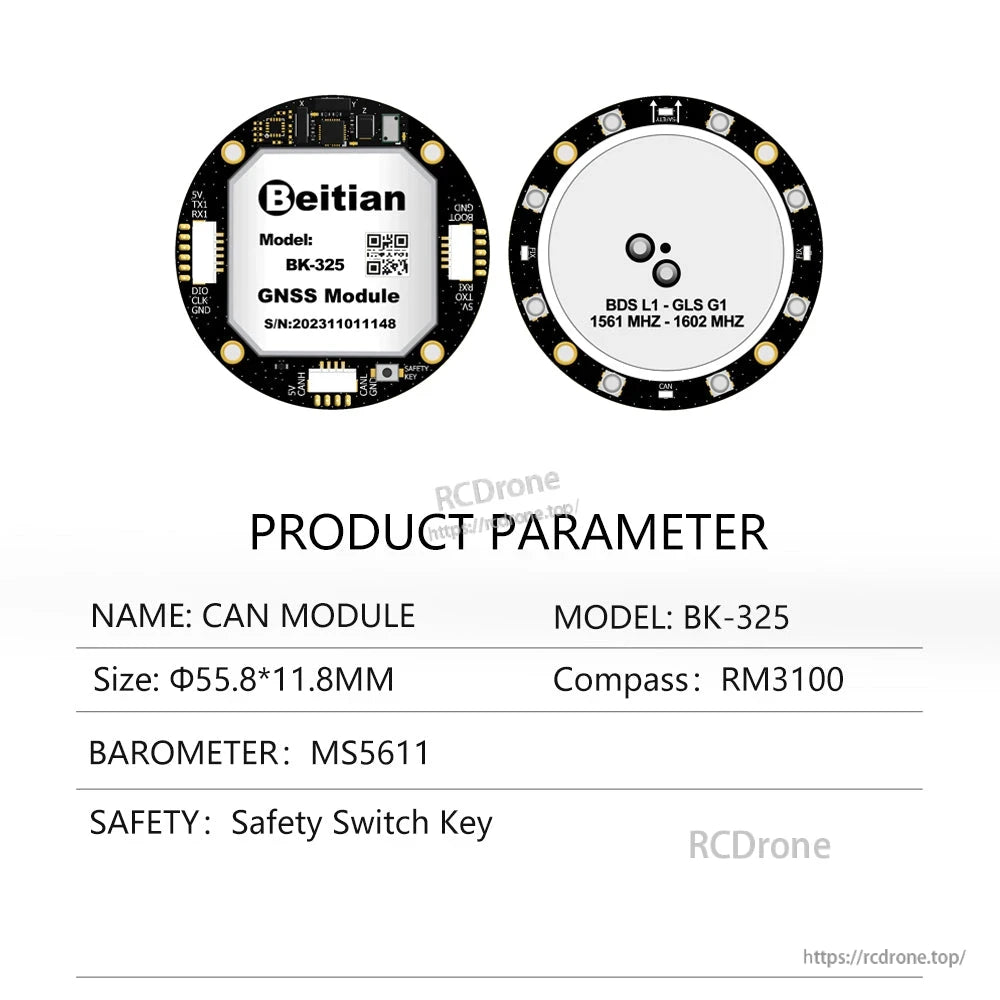 BK-325 product parameter table with size 55.8×11.8 mm, RM3100 compass, MS5611 barometer, safety switch key