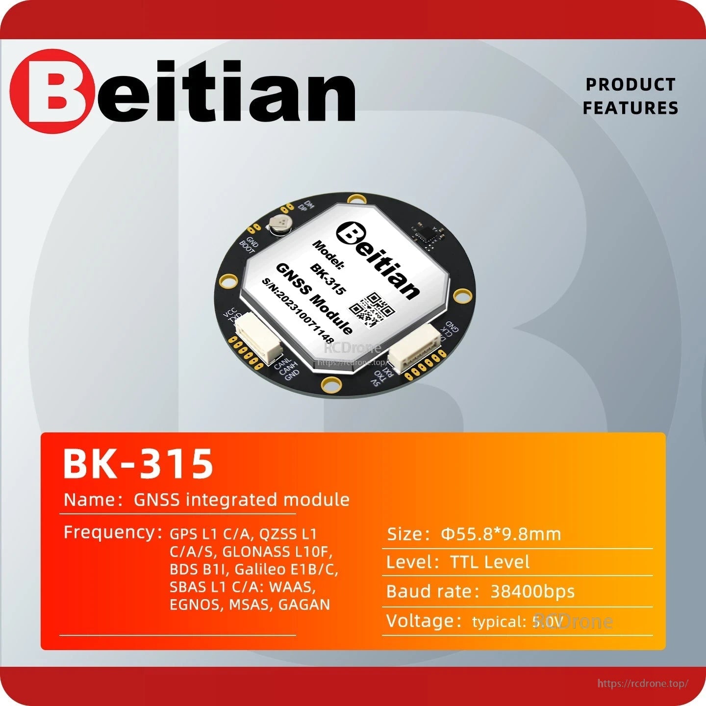 BK-315 product features card showing module at angle and listed specs such as size, baud rate and voltage