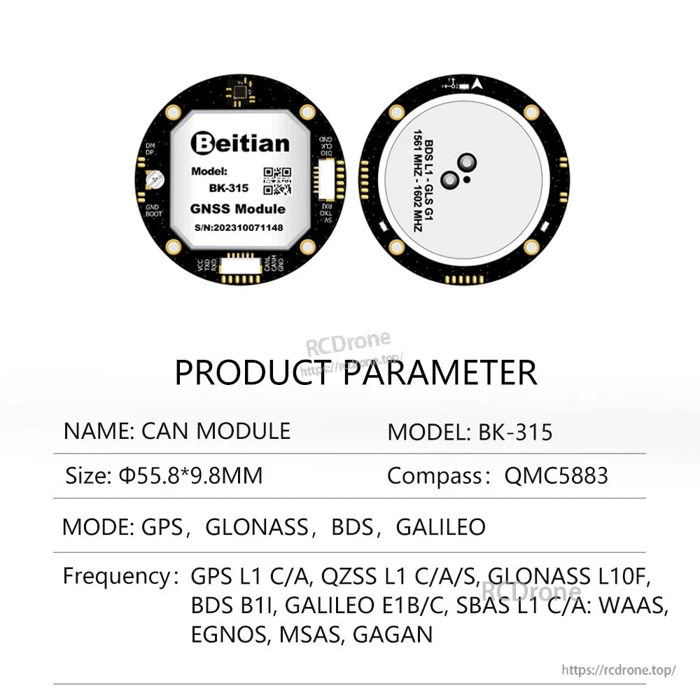 BK-315 product parameter table with size 55.8×9.8 mm, QMC5883 compass, GPS/GLONASS/BDS/Galileo modes