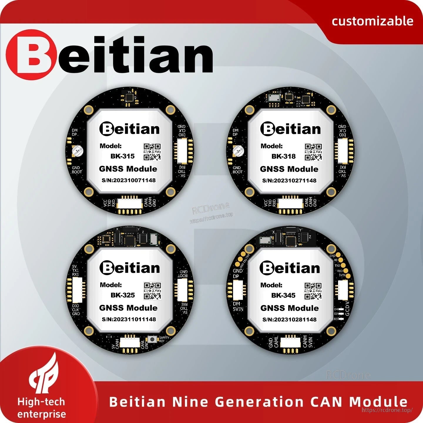 Beitian M9 M9140 nine-generation CAN GNSS module lineup graphic with BK-315/318/325/345 options