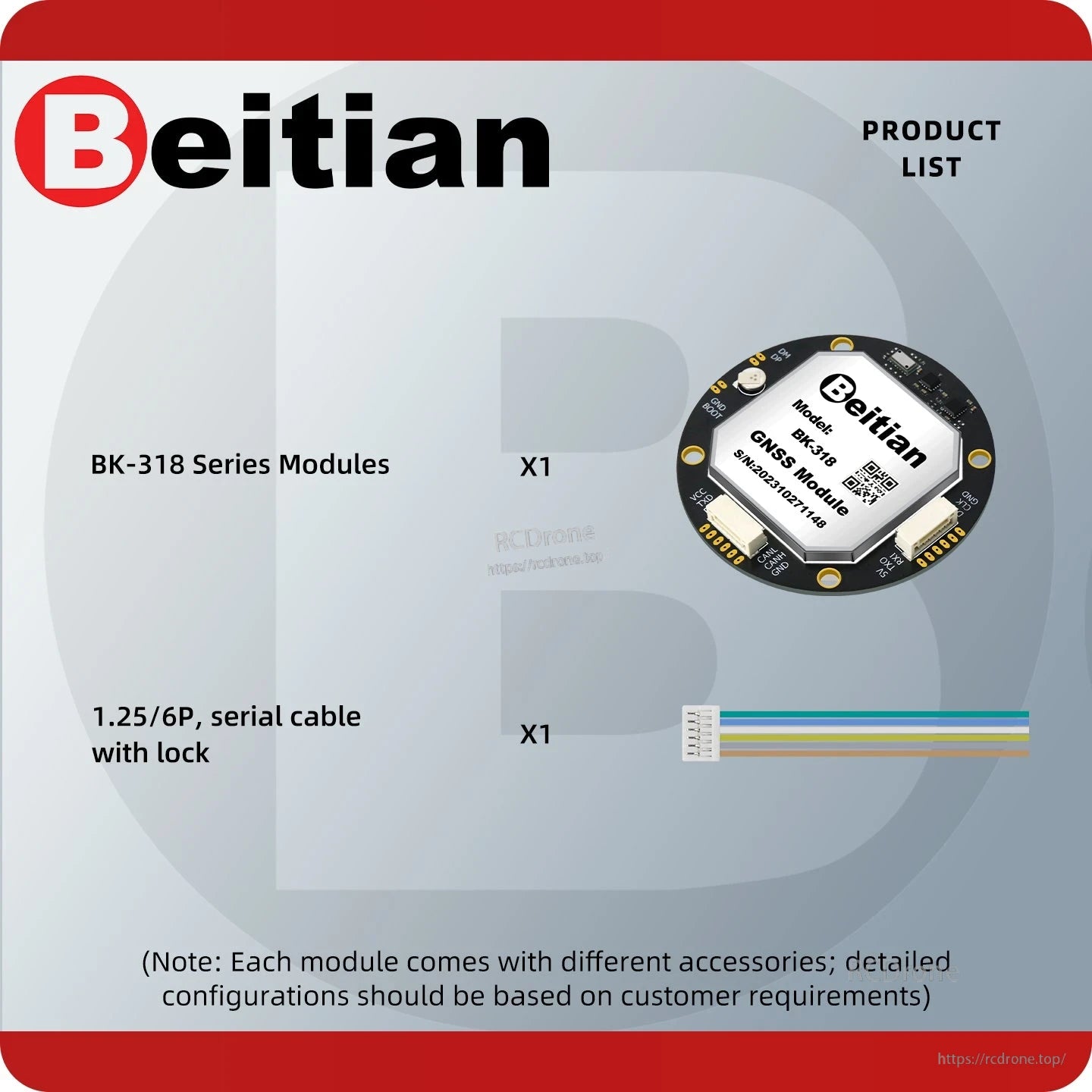 Package contents list showing BK-318 series module x1 and 1.25/6P serial cable with lock x1
