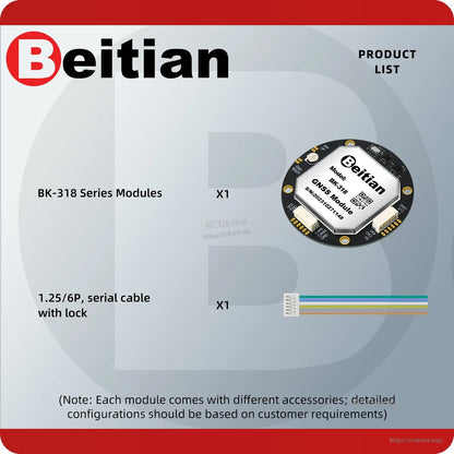 Package contents list showing BK-318 series module x1 and 1.25/6P serial cable with lock x1