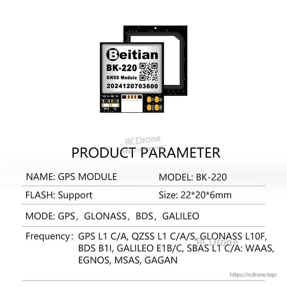 Product parameter sheet for Beitian BK-220 GNSS module showing size 22×20×6 mm and constellations