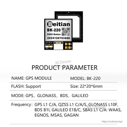 Product parameter sheet for Beitian BK-220 GNSS module showing size 22×20×6 mm and constellations