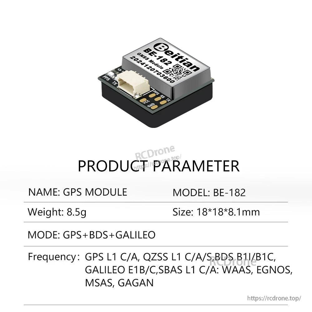 Product parameter sheet for Beitian BE-182 GPS module with module render and frequency bands list