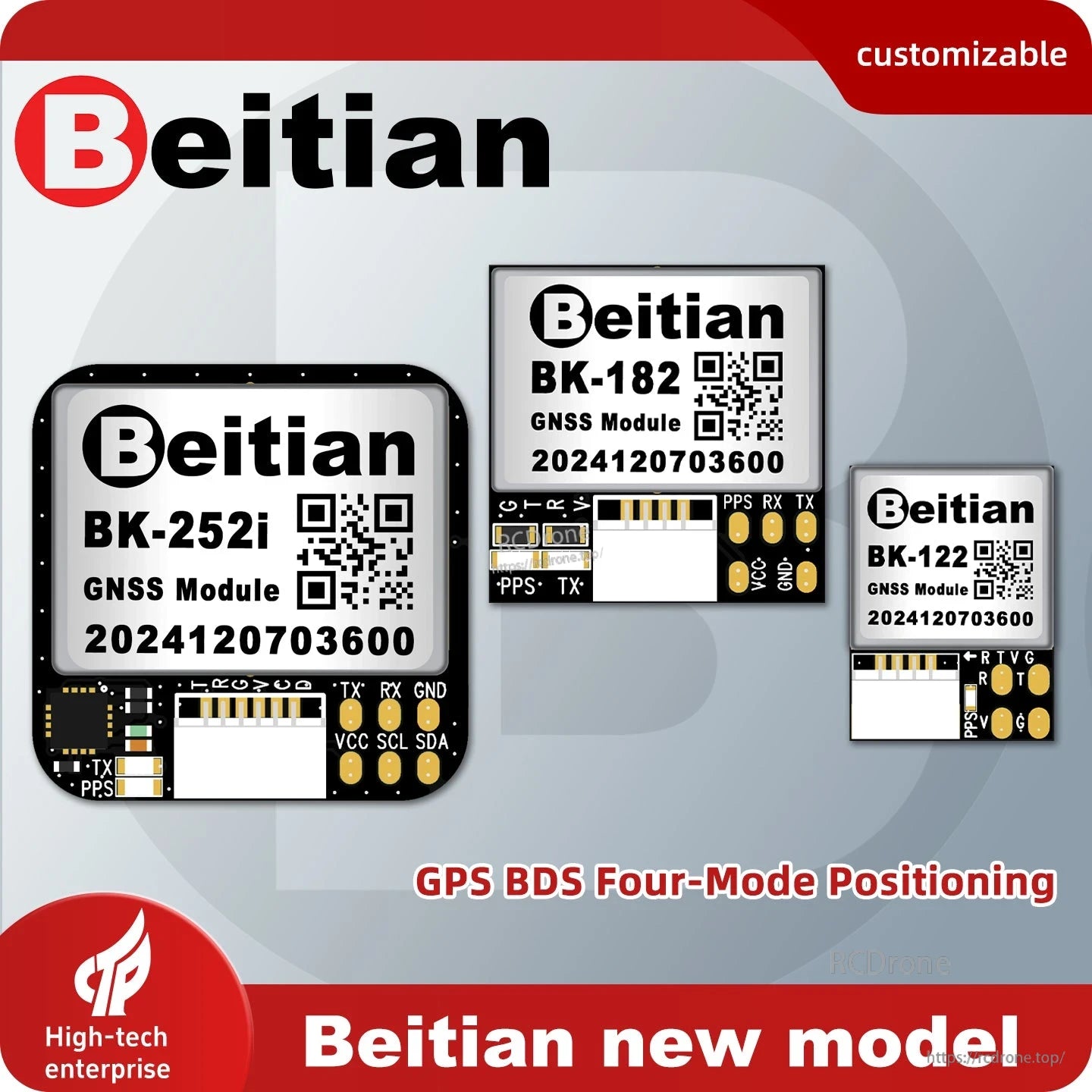 Beitian GNSS module lineup promotional graphic with BK-252i, BK-182, and BK-122 shown