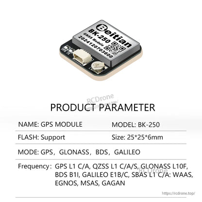 Product parameter sheet for Beitian BK-250 GPS module showing size 25×25×6 mm and system support