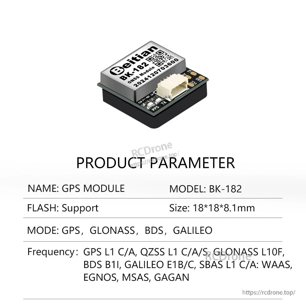 Product parameter sheet for Beitian BK-182 GNSS module showing flash support, size, and systems