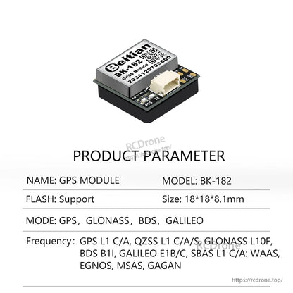 Product parameter sheet for Beitian BK-182 GNSS module showing flash support, size, and systems