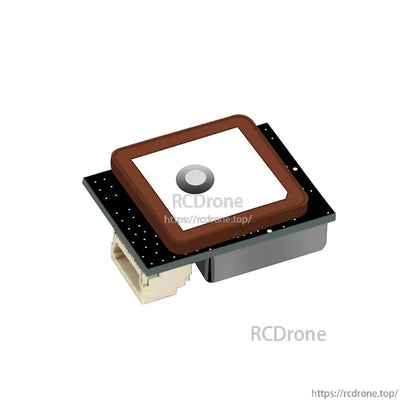 Bottom view of Beitian GNSS module showing square ceramic patch antenna and board connector