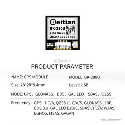 Product parameter sheet for Beitian BK-280U GNSS module showing USB level and multi-system support