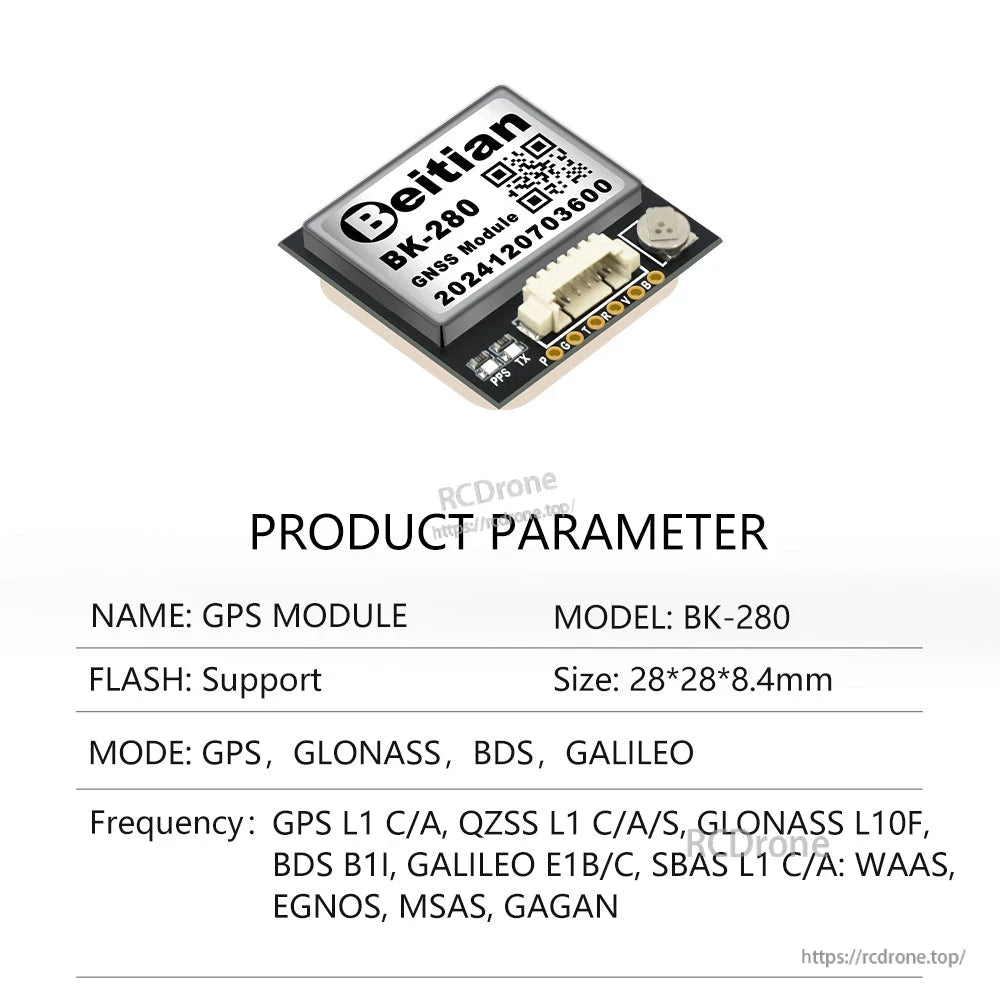 Product parameter sheet for Beitian BK-280 GNSS module showing size 28×28×8.4 mm and flash support