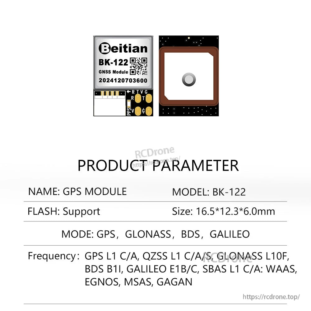 Product parameter sheet for Beitian BK-122 GNSS module showing size and supported constellations