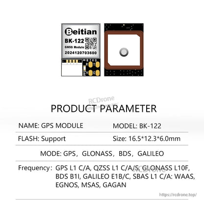 Product parameter sheet for Beitian BK-122 GNSS module showing size and supported constellations