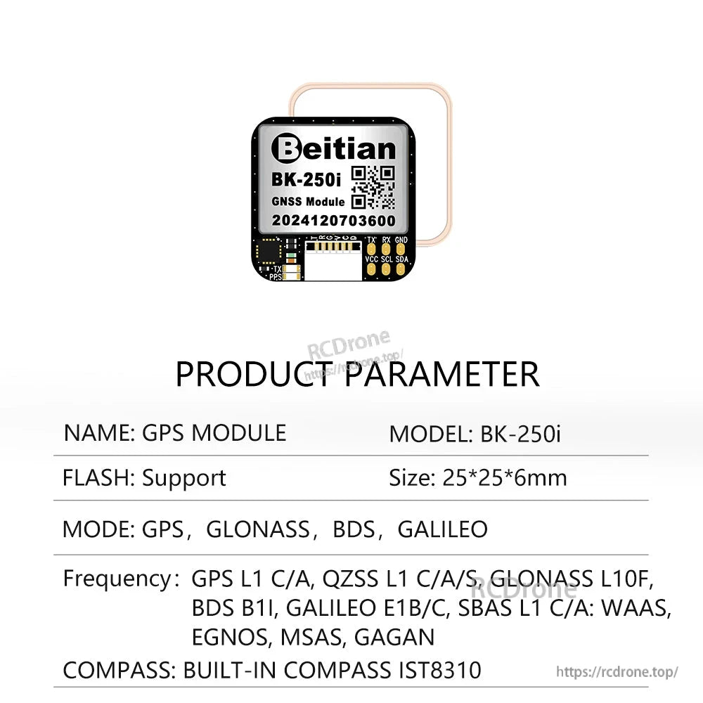 Beitian BK-250i GNSS GPS module with 25×25mm patch ceramic antenna and pin pads for flight controller wiring