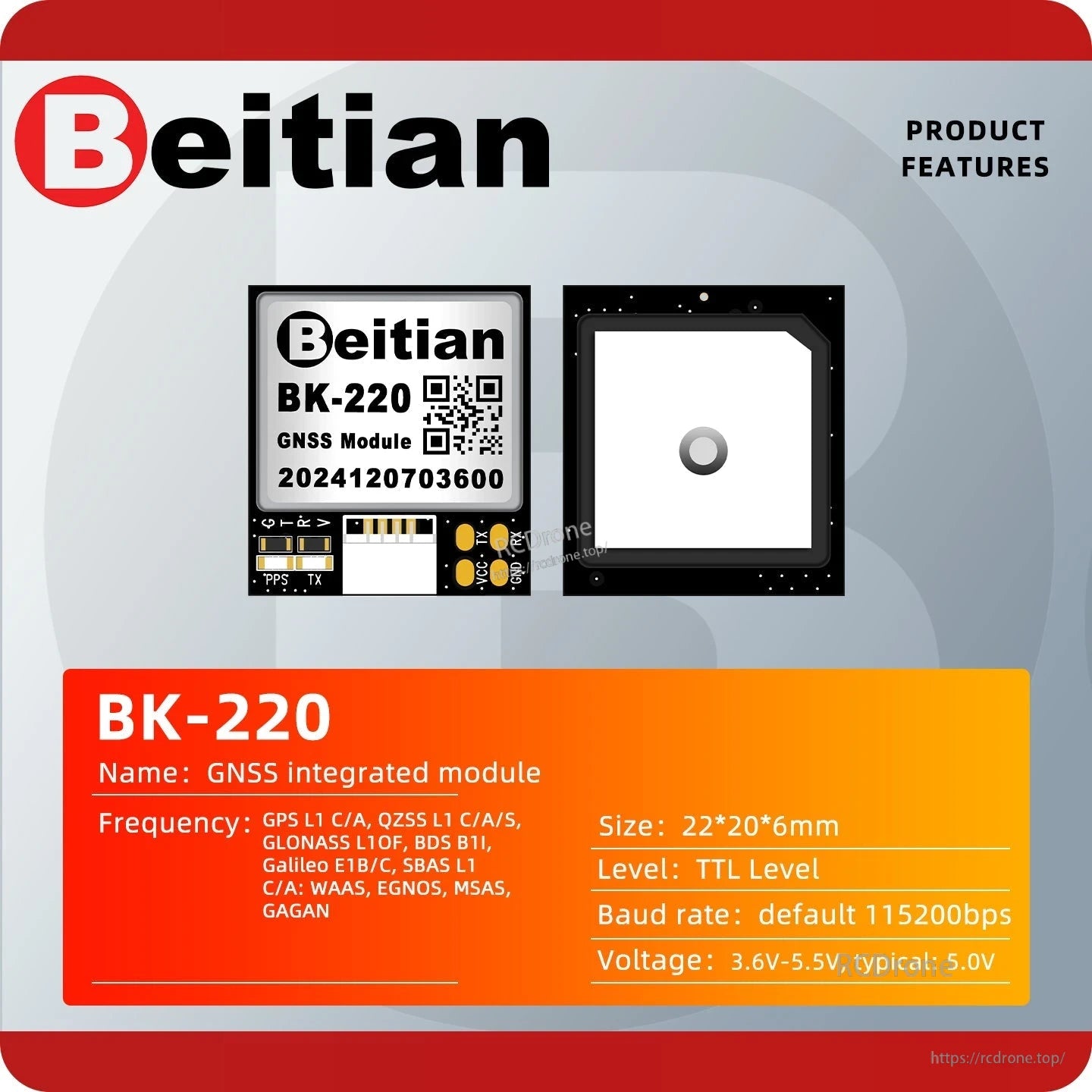 Beitian BK-220 GNSS integrated module product features chart with module and patch antenna images