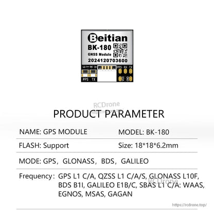 Product parameter sheet for Beitian BK-180 GNSS module showing dimensions and supported systems