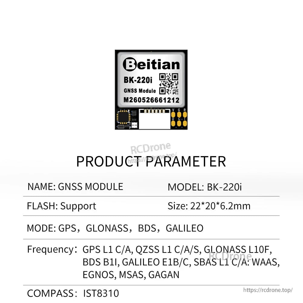 Product parameter sheet for Beitian BK-220i GNSS module noting IST8310 compass and size 22×20×6.2 mm