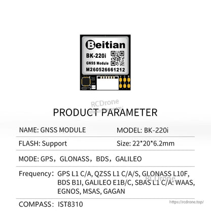 Product parameter sheet for Beitian BK-220i GNSS module noting IST8310 compass and size 22×20×6.2 mm