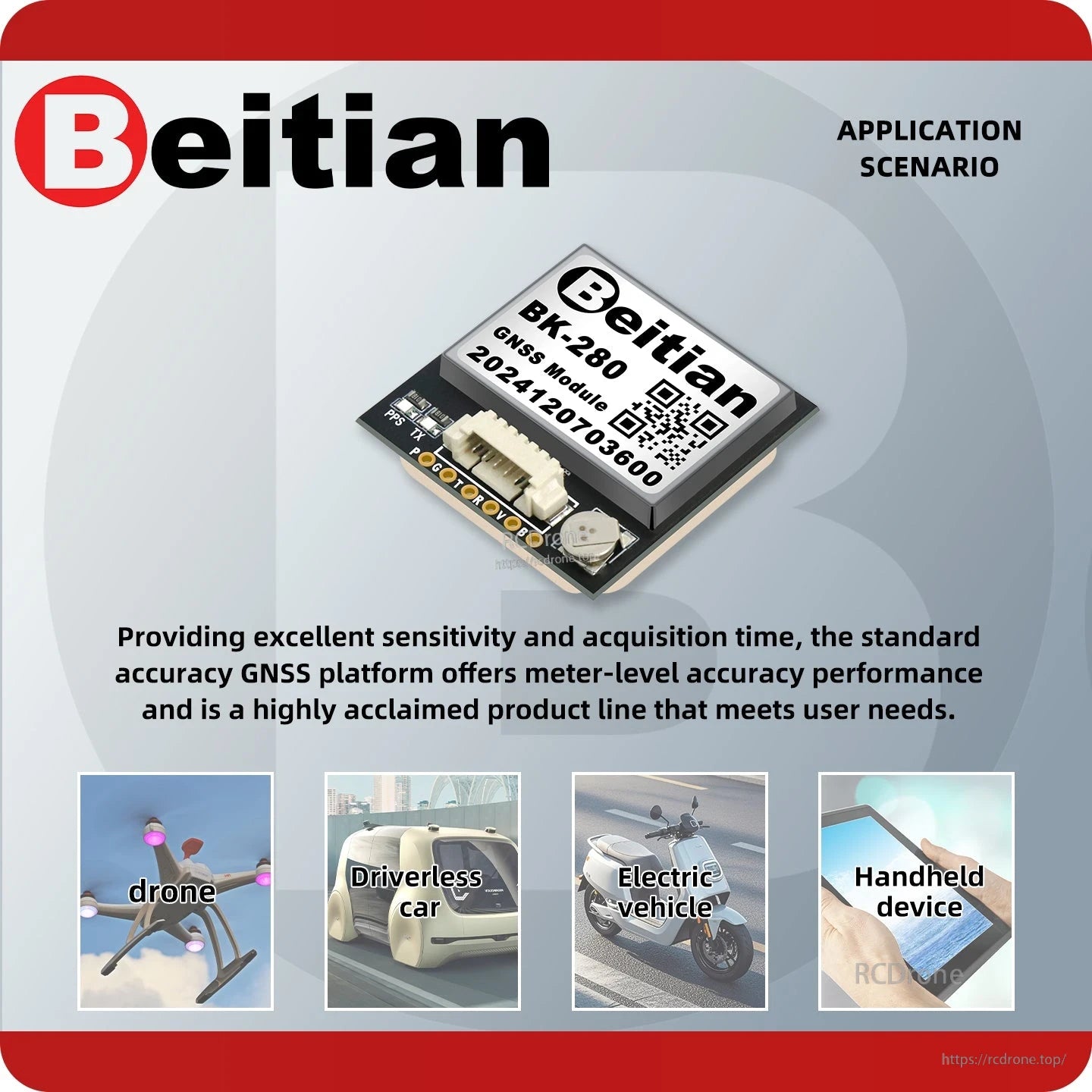 Beitian BK-280 GNSS module application scenario graphic for drone, driverless car, electric vehicle