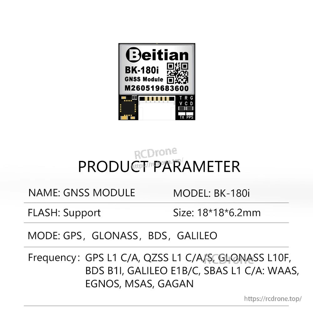 Product parameter sheet for Beitian BK-180i GNSS module showing board pin labels and size details