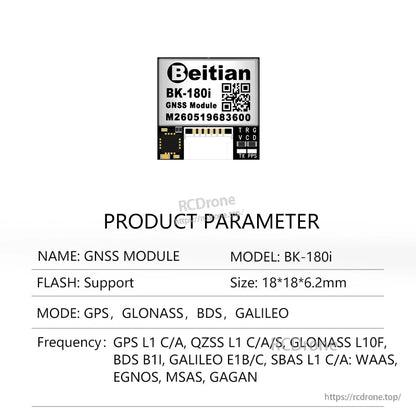 Product parameter sheet for Beitian BK-180i GNSS module showing board pin labels and size details