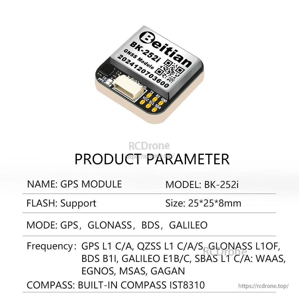 Product parameter sheet for Beitian BK-252i GPS module noting built-in IST8310 compass