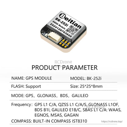 Product parameter sheet for Beitian BK-252i GPS module noting built-in IST8310 compass