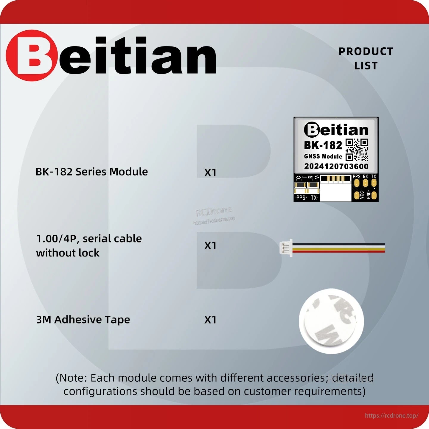 Package contents list: BK-182 series GNSS module, 4-pin serial cable (no lock), and 3M adhesive tape