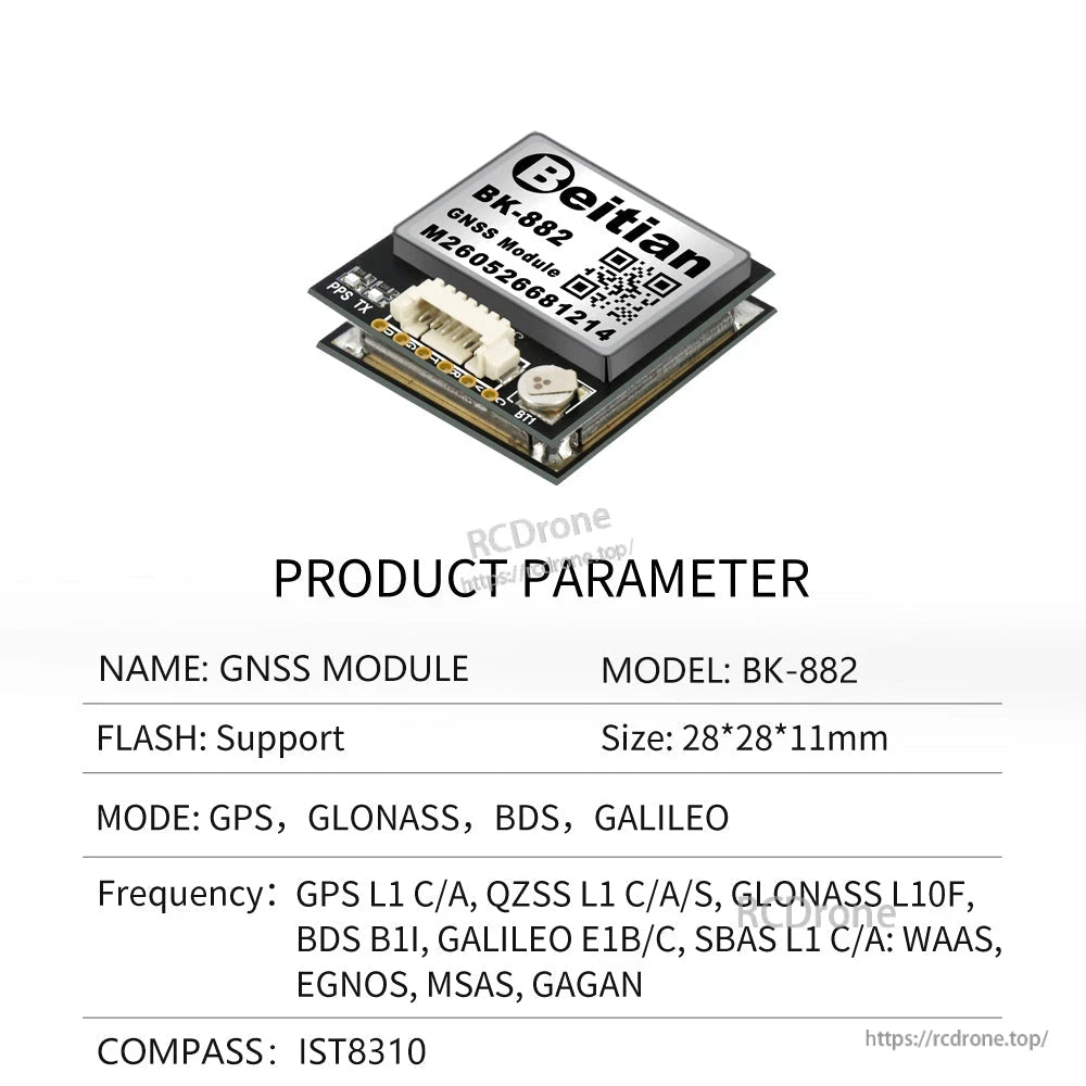 Beitian BK-882 GNSS module with patch ceramic antenna and JST connector, 28×28×11mm, IST8310 compass