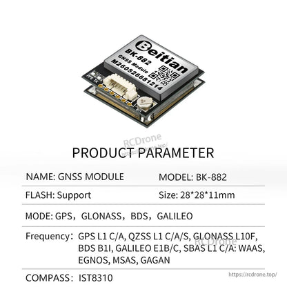 Beitian BK-882 GNSS module with patch ceramic antenna and JST connector, 28×28×11mm, IST8310 compass