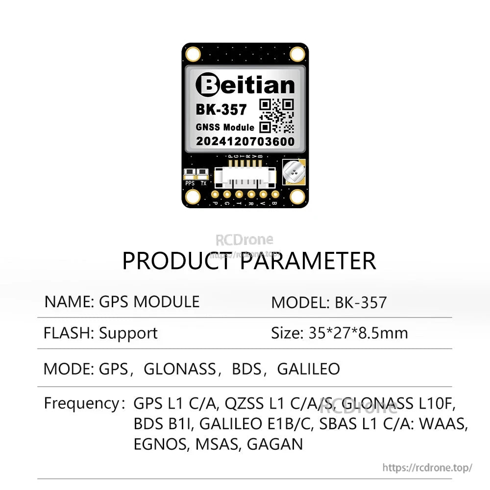 Product parameter sheet for Beitian BK-357 GNSS module showing board layout and 35×27×8.5 mm size