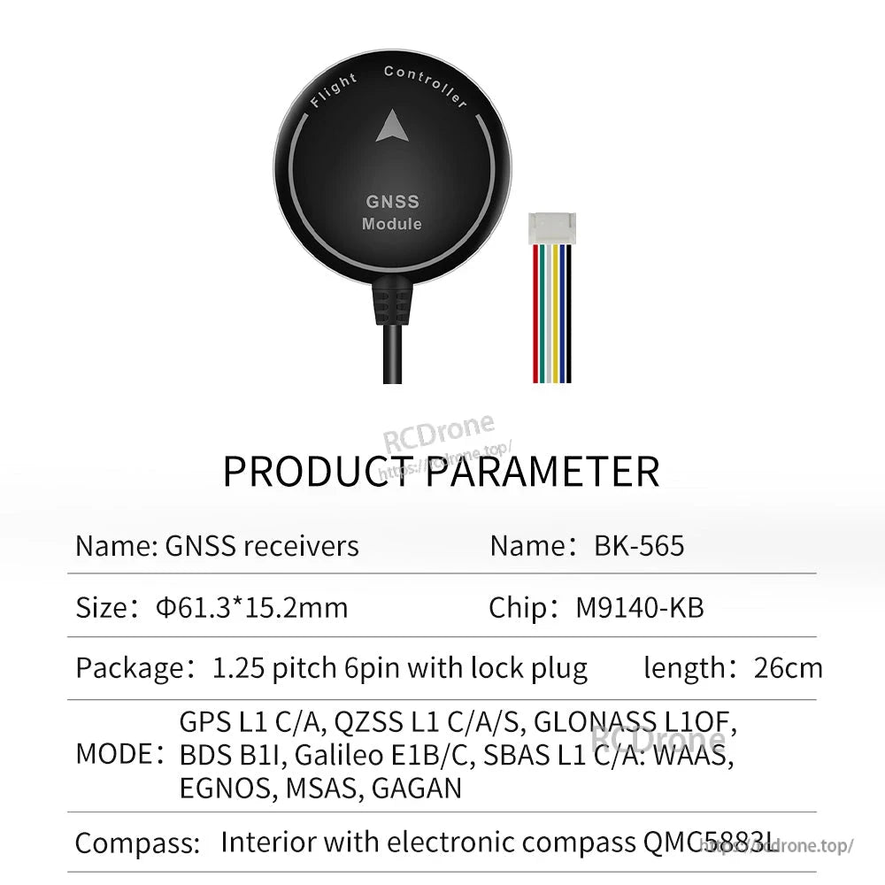 BK-565 GNSS receiver product parameter table with chip M9140-KB, 6-pin plug, 26cm cable, QMC5883L