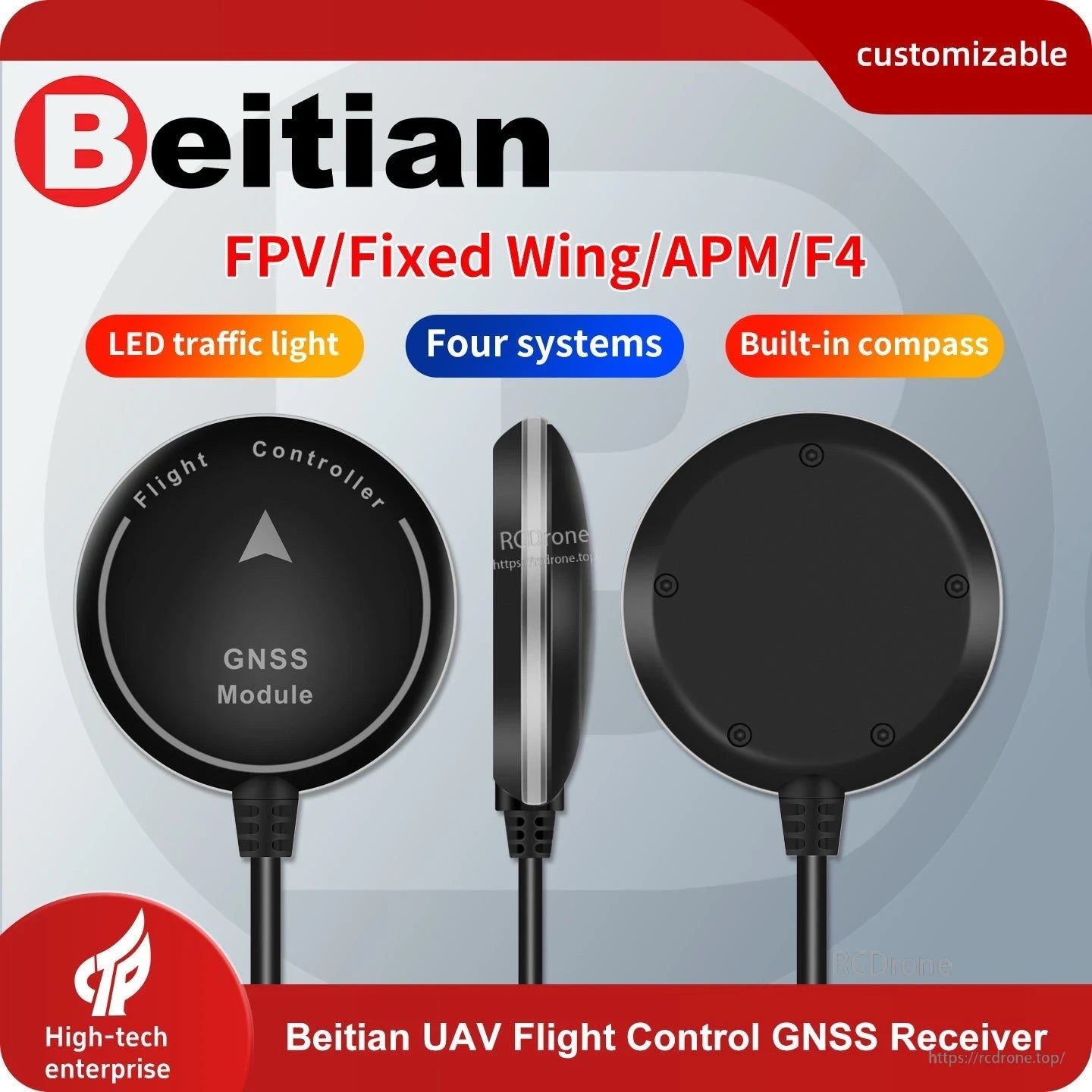 Beitian UAV flight control GNSS receiver promo graphic showing module front, side and back (built-in compass)