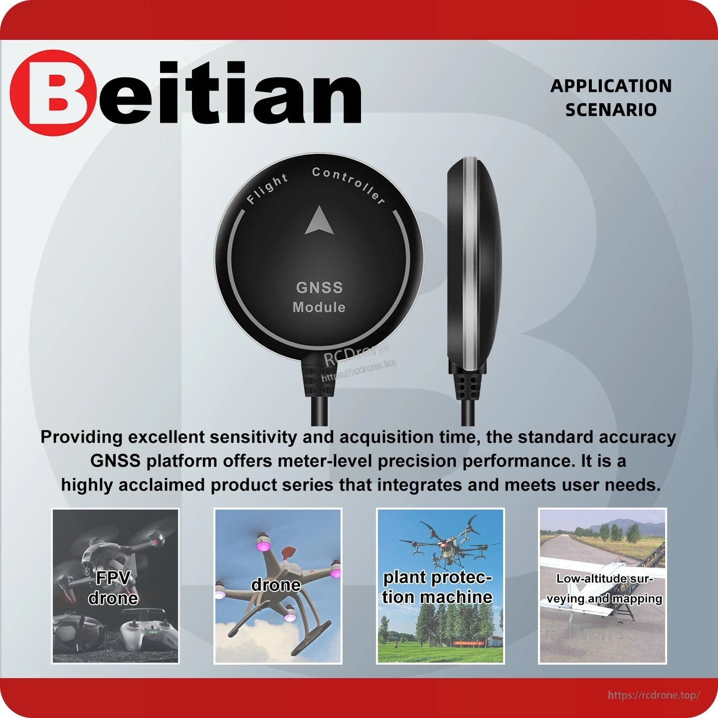 Beitian GNSS receiver application scenario graphic for FPV drone, drone, plant protection and mapping
