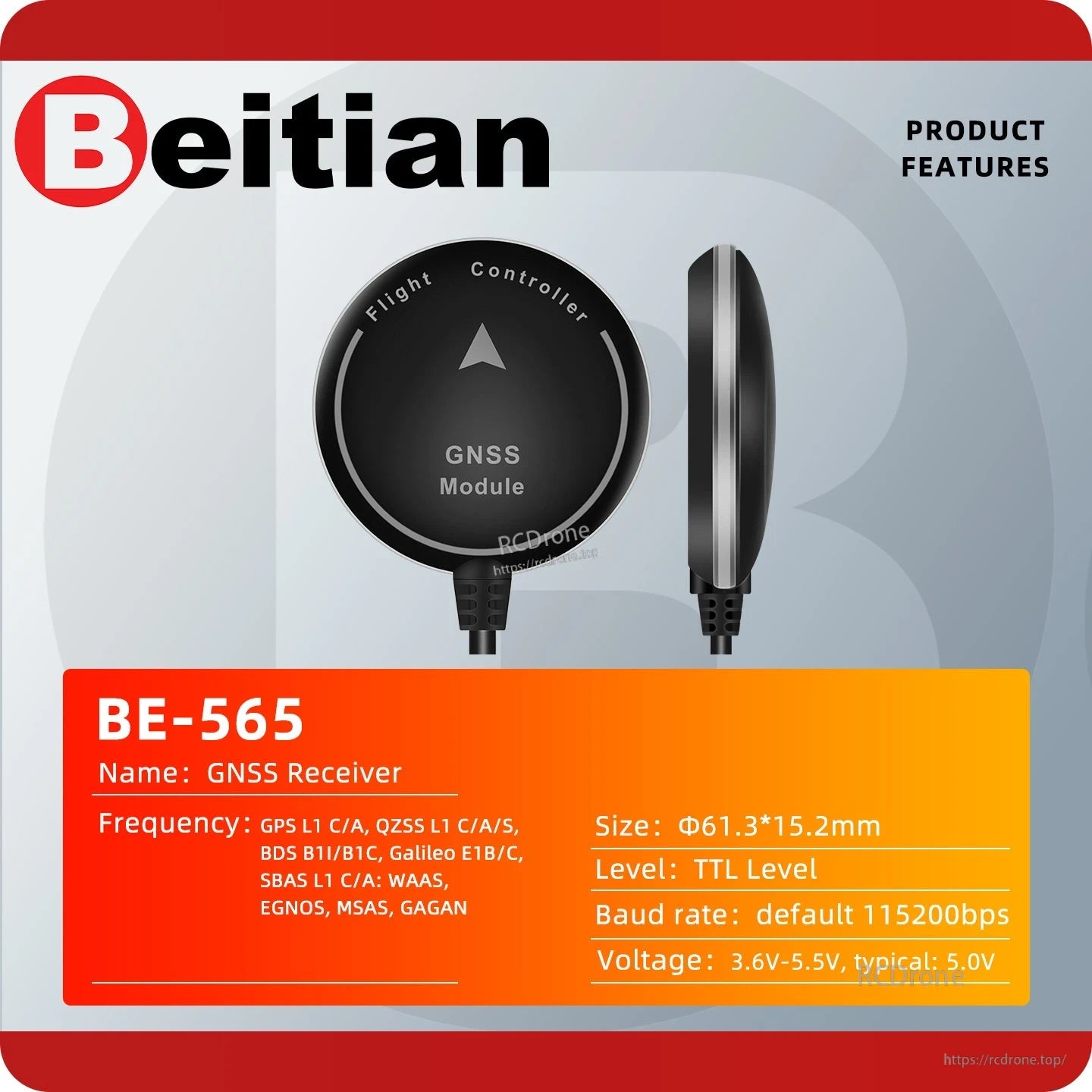 BE-565 GNSS receiver product features card with frequency bands, TTL level, baud rate and voltage range