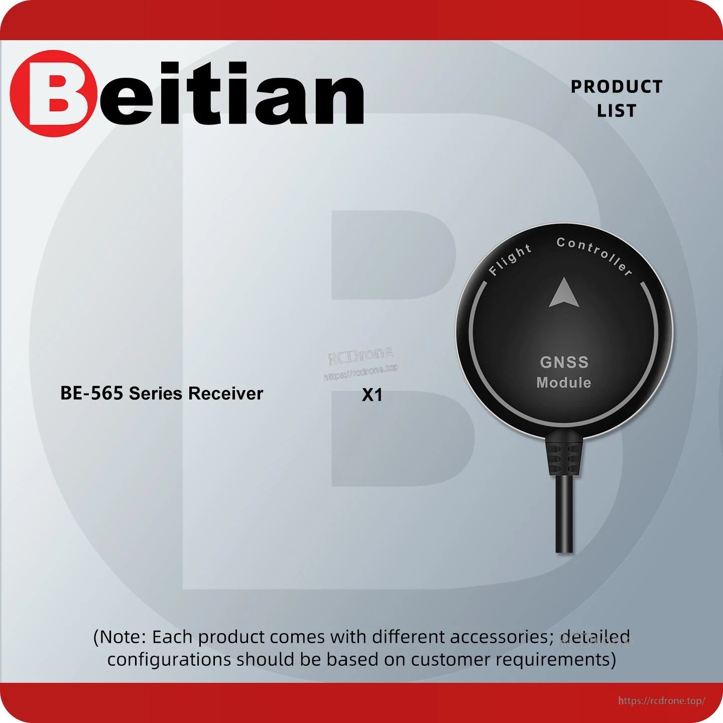 Package contents list showing BE-565 series GNSS receiver x1
