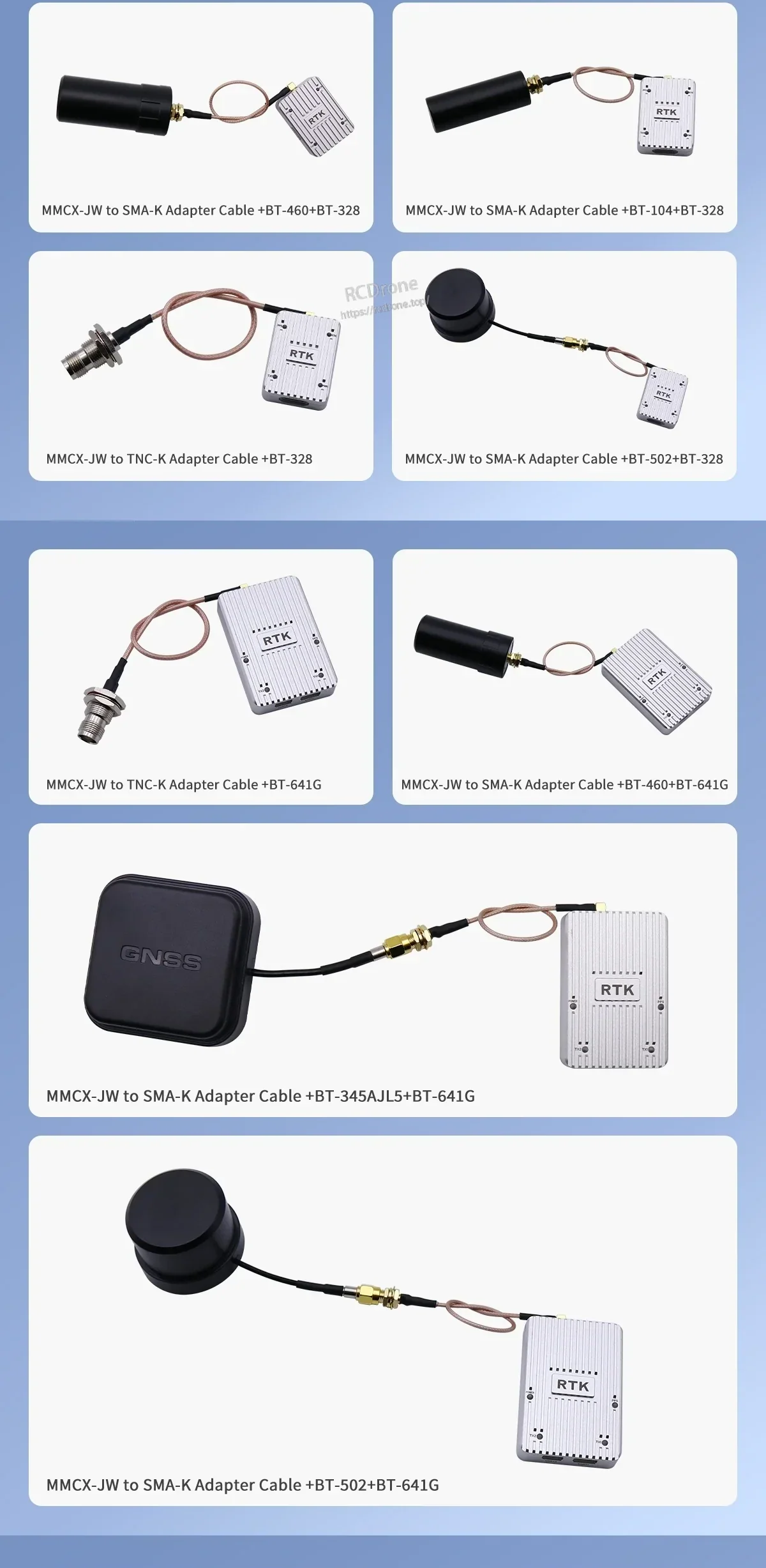GNSS integration examples using MMCX-JW to SMA-K and MMCX-JW to TNC-K adapter cables with receivers and antennas